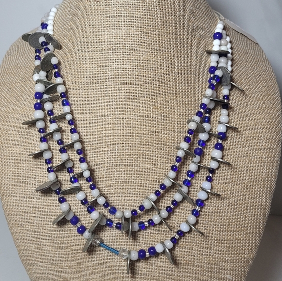 Otavalo 3 Strand Trade Bead Glass & 5 Centavo Coins Necklace Blue & White 24" - Picture 7 of 14